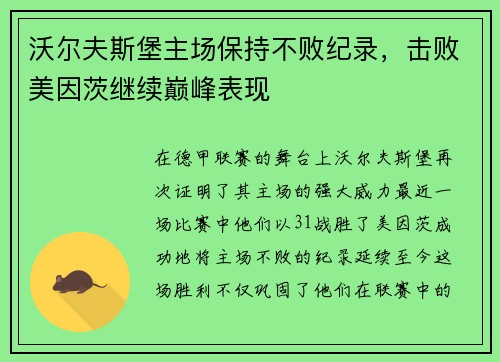 沃尔夫斯堡主场保持不败纪录，击败美因茨继续巅峰表现